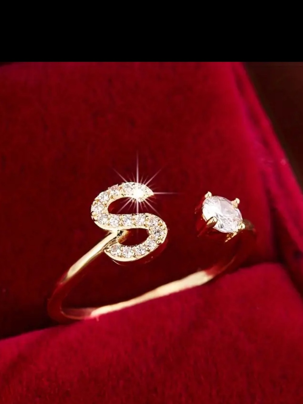 Golden 'S' Adjustable Ring with Clear Stone - Women Jewelry